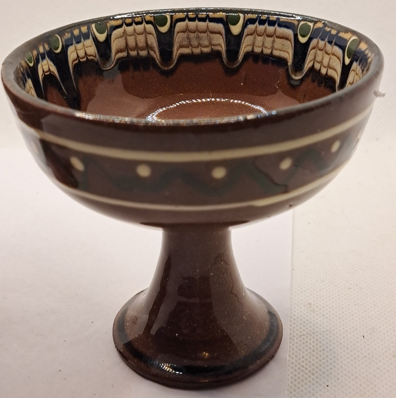 2 Redware Pottery Pedestal Bowl Compote Hand Painted Boho - Picture 5 of 7